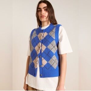 Blue Argyle Knit Vest Sweater - Women's Button Front